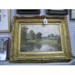 J.B. Oil on Board of Boy Fishing in a River, initials, bottom right, 24 x 34cm.