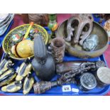 African Carved Hardwood Bust, 16cm high, grotesque mask, trinket boxes, etc:- One Tray