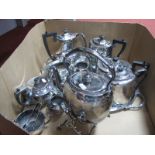 A Plated Four Piece Tea Set, a tea kettle on burner stand, a large oval twin handled tray, a