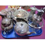 Assorted Plated Ware, including ewer, glass bowl, three piece tea set, pewter teapot, footed dishes,