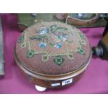 XIX Century Mahogany Circular Footstool, with inlaid band, beadwork top and porcelain feet, 27.5cm