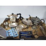 Plated Ware, including cased coffee spoons, pair of knife rests, tea set, etc:- One Box