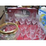 A Lead Crystal Bowl, on gold plated twin handled stand, wine and other stem glasses, 'RCR' Opera'