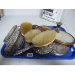 Assorted Hallmarked Silver Backed Brushes and Hand Mirrors, (damages) a wooden hand mirror, lidded