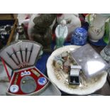 Silver Ring, plated cigarette box, Ringtons tea caddy, figurine, Chinese artist set, plates, mini