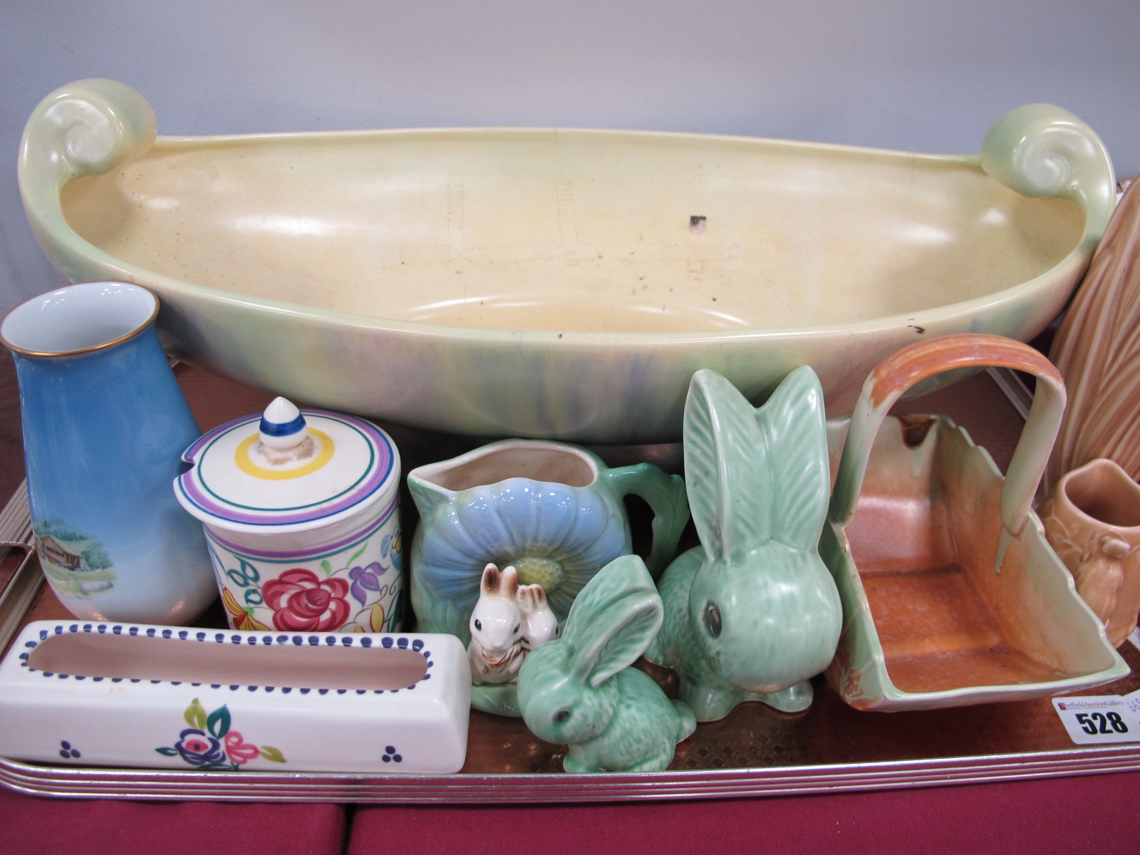 Sylvac Gondola Shaped Bowl, green rabbits, Poole pottery preserve pot and flower trough, B&G Denmark