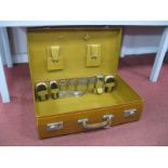 A Gent's Leather Travel, case fitted with five silver topped jars, (1937 Sheffield), brushes,