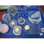 Romeby Sweden Paperweight, Stuart, Tipperary and Waterford clocks etc:- One Tray