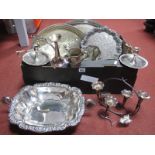 A Mixed Lot of Assorted Plated Ware, including decorative twin handled dish, oval trays, chamber