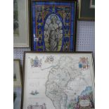 Continental School, study of a Religious window panel, watercolour 49.5 x 31cm. Map of Cumbria after