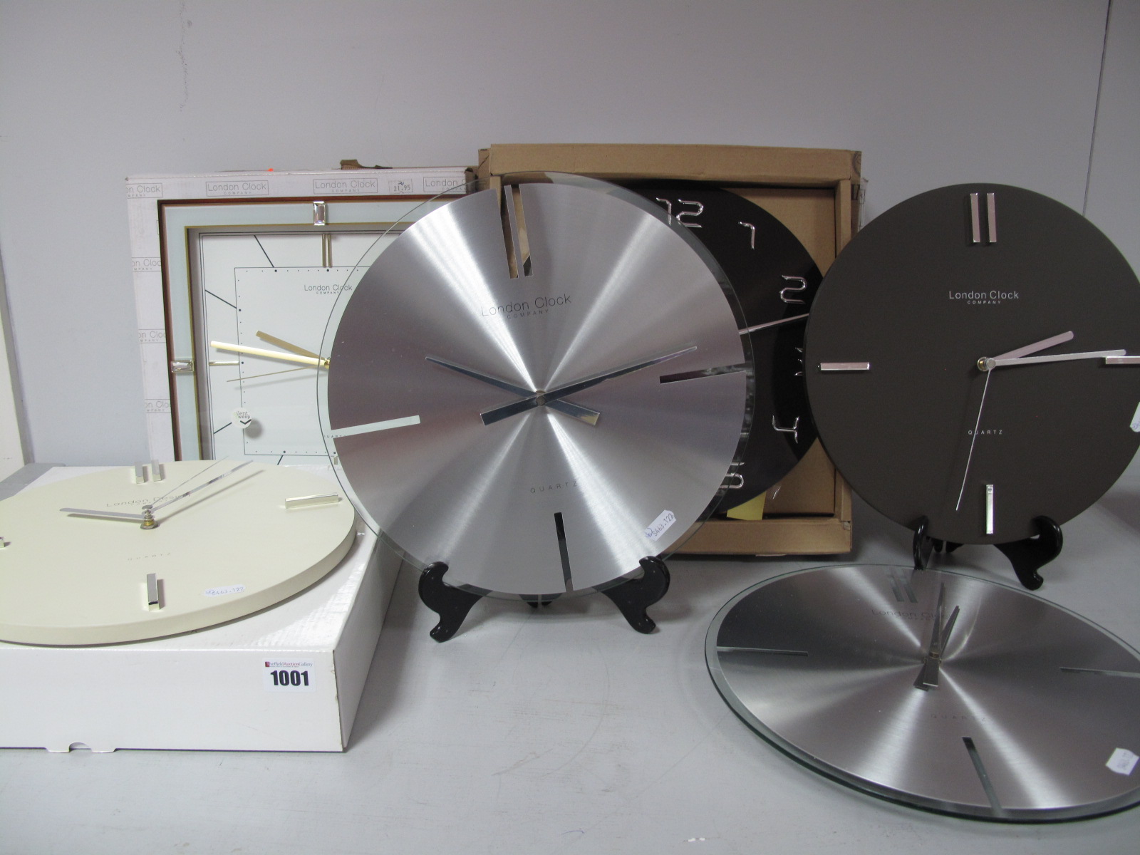 Six Modern Assorted Wall Clocks boxed. (6)