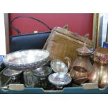 Silver Plated Comport, with glass liner, six similar, smaller, copper ware, handbags, etc:- One Box