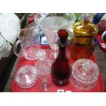 Ruby Glass Decanter, XIX Century wine glass, powder bowls, etc:- One Tray
