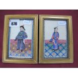 A Pair of XIX Century Chinese Rice Paper Pictures, of a man and woman in traditional dress 11 x