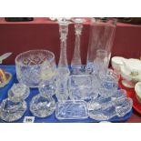 Pair of Cut Glass Candlesticks, shoe posies, fruit bowl, salts, etc:- One Tray