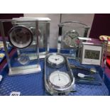 Five Modern Glass Mantel Clocks, boxed, a clock/thermometer, boxed. (6)