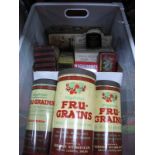 A Quantity of Collectable Tins, including three Fru-Grains, Sanatogen, etc. Plus original