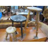 A XIX Century Elm-Ash Stool, XIX Century milking stool, and one other stool with a carved top. (3)