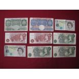 Nine Bank of England Banknotes, to include One Pound (Peppiatt) C85D 342952, One Pound (Beale)