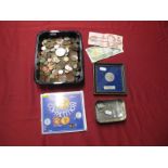 A Collection of Coins and Banknotes, to include G.B. Halfcrown 1923, Australia One Shilling 1913,