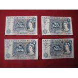 Four Bank of England Five Pounds Banknotes, J.S. Fforde Chief Cashier, sequential numbers TO8 522789