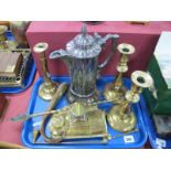 Walker & Hall Plated Hot Water Pot, approximately 29cm high, XIX Century brass candlesticks,