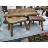 Two Country Made Small Footstools, on turned splayed legs, an elongated example, 61cm wide. (3)