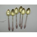 A Set of Six Decorative Hallmarked Silver and Mauve Enamel Coffee Spoons, Henry James Hulbert, (