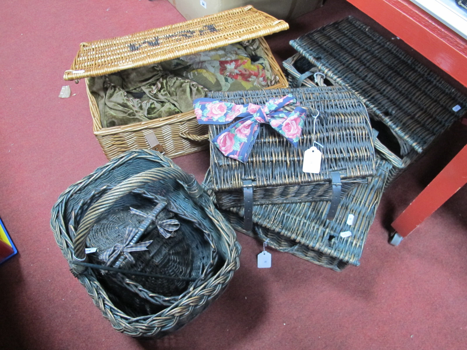 Fortnum Mason Wicker Hamper Basket, other wicker ware. (8) - plus three cushions.