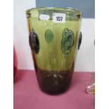 A Hadeland (Norway) Green Glass Bucket Vase, with applied oval prunts, paper label, etched