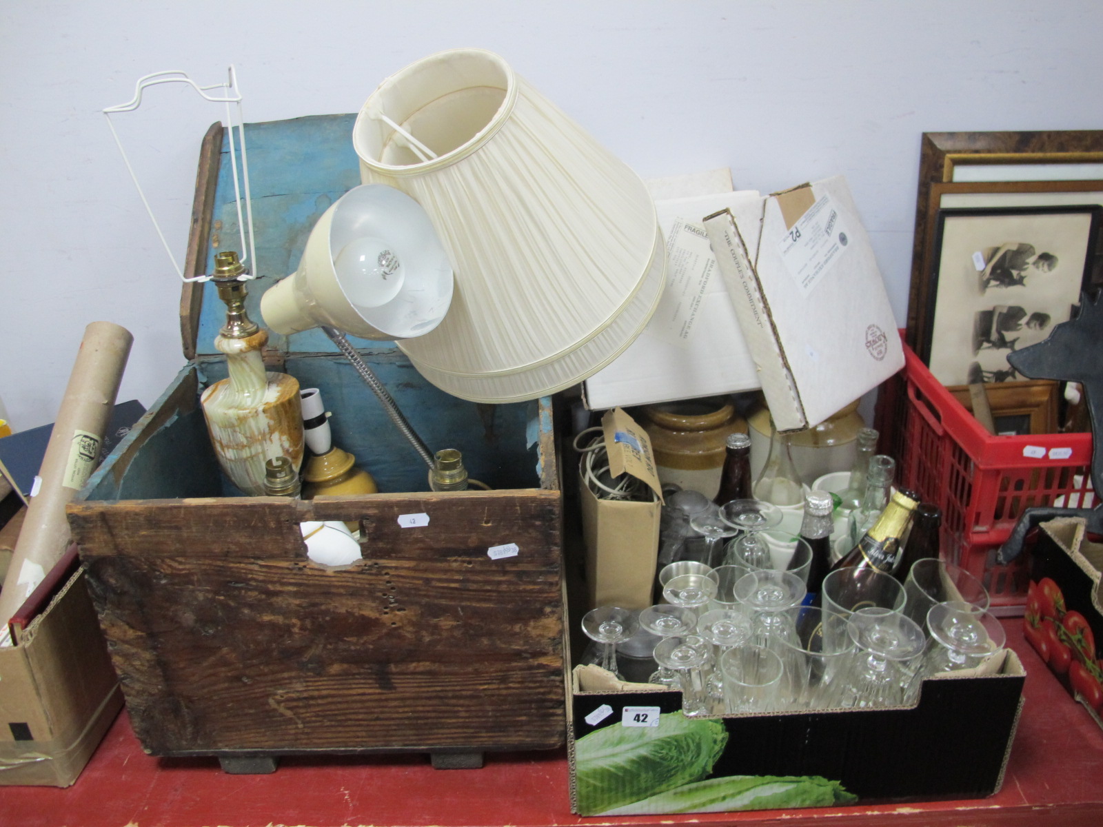 Bottles, Glassware, Stoneware, Lamps, etc, in pine box and box.