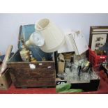 Bottles, Glassware, Stoneware, Lamps, etc, in pine box and box.