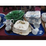 XIX Century Green Pottery Leaf Pattern Plates, XIX Century cheese dish, sardine dish, etc:- One