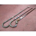 Two Crook Handled Canes, having silver collars, another with teardrop shaped body. (3)