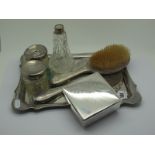 Chester Hallmarked Silver Backed Hand Mirror and Hairbrush, hallmarked silver topped jars (