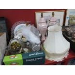 Plates, casserole, lamp, decanter, other glassware and ceramics:- One Box Plus a pair of table