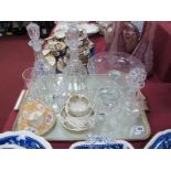 A Pair of XIX Century Decanters, wine glasses, XIX Century Rockingham cup and saucer etc:- One Tray