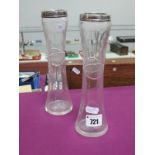 Pair of Cut Glass Waisted Spill Vases, having silver rims, 21.5cm high.