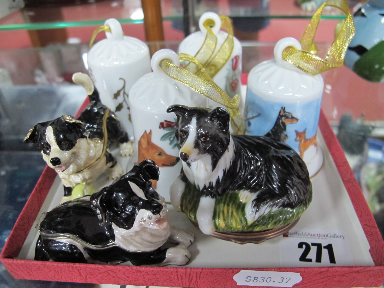 Halcyon Days Border Collie Trinket Box; together with two bonbonnieres featuring dogs and Marissa