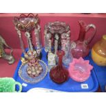 Two XIX Century Ruby Overlaid Glass Lustres, cranberry glass ewer, Bohemian style vase with flora