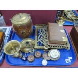 Pierced Brass Book Rest, brass photograph frame, mortar and pestle, 1920's biscuit barrel, etc:- One