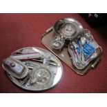 Assorted Plated Ware, including oval and shaped trays, lidded butter dish, swing handled footed