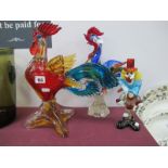 A Murano Glass Large Cockerel, with red body and blue tail, another multi-coloured cockerel (tail