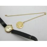 A 9ct Gold Cased Ladies Wristwatch, the Lejon signed dial with Arabic numerals, on a strap; a 9ct