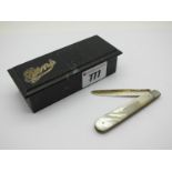 Mother of Pearl Fruit Knife, having silver blade, ebony 'Pins' box, 11cm wide having silver label.