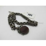 A Fancy Link Albert Chain, suspending T-bar and hardstone inset swivel fob pendant.
