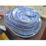 Blue and White Willow Pattern Pottery Plates, including Durslem, Burleigh, Stone. (11)