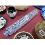 A Late XIX Century Glass Nailsea Rolling Pin, decorated in trailing white and blue scrolls, 34cm