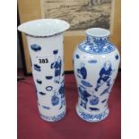 Chinese Blue and White Pottery Cylindrical Vase, featuring eight figures to body, floral band to