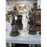 A Pair of Spelter Figures, "Charmeuse" and "Jeunesse", signed Moreau 45cm high, on wooden bases